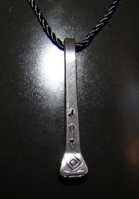 JOY Stamped Metal Horseshoe / Horse Shoe Nail Pendant w Rayon Cord Necklace