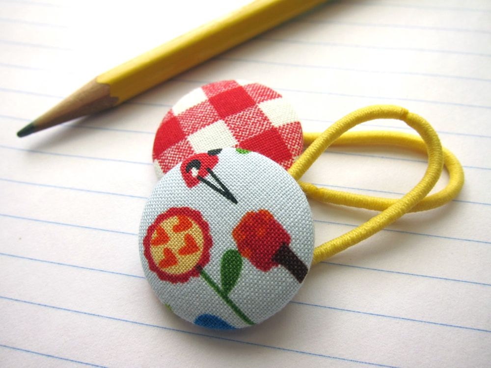 Picnic - Ponytail Button Set - Red Gingham Ladybug Spring Happy Brights Canary Yellow