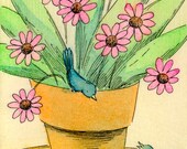 Original ACEO Painting -- Two birds and pink flowers