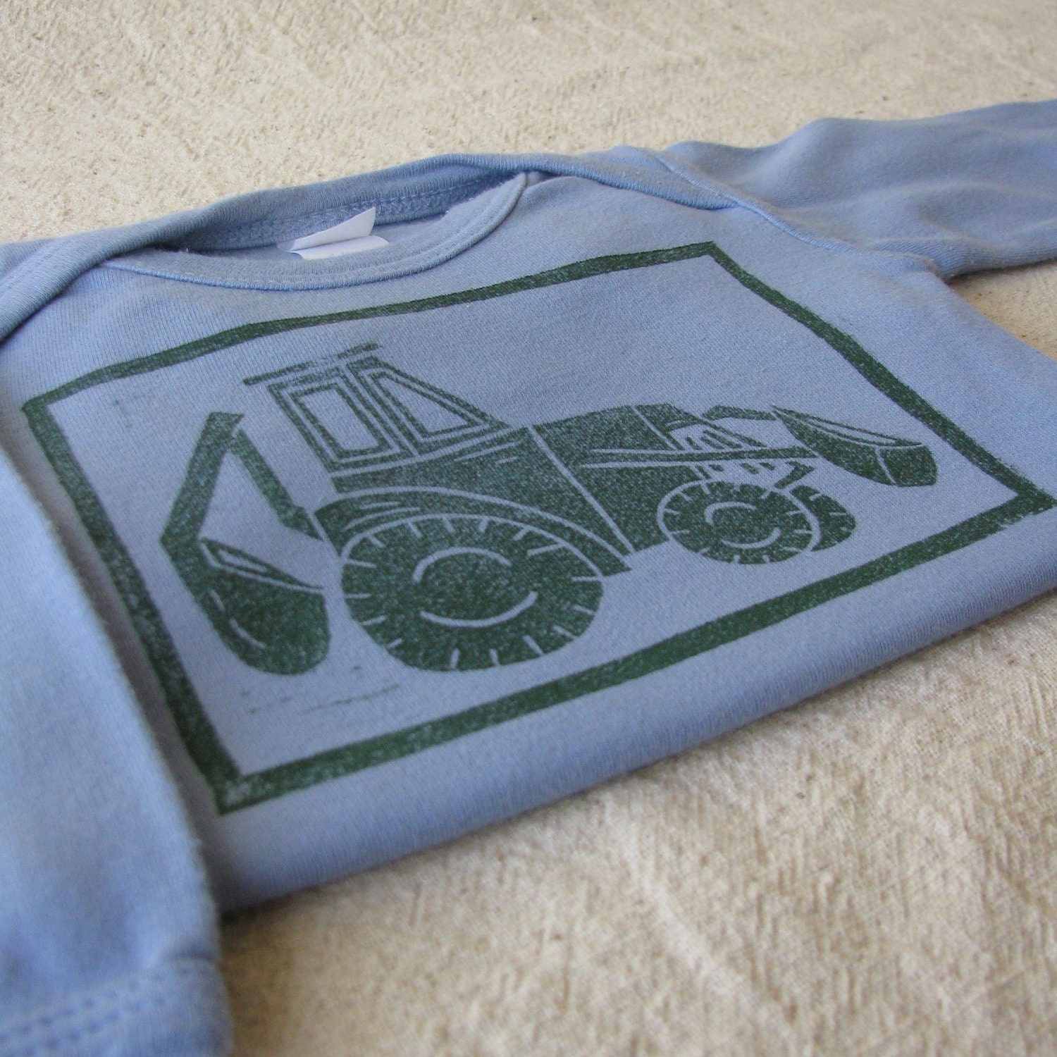 Long Sleeve Linocut Onesie Backhoe Loader, Hand-Dyed, Hand-Printed, Newborn Size