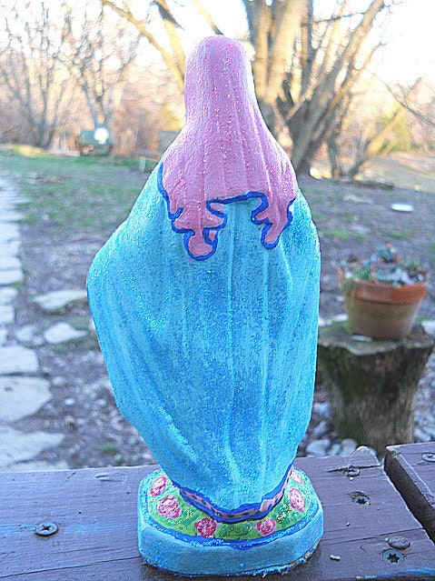 Vintage Virgin Mary Restored Statue Vibrant Pink, Blue, and Glitter