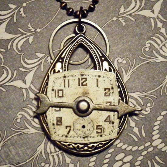TIME SPINNER - Steampunk Victorian Vintage Elgin Watch Dial Parts Altered Art Repurposed Mens, Womens Necklace