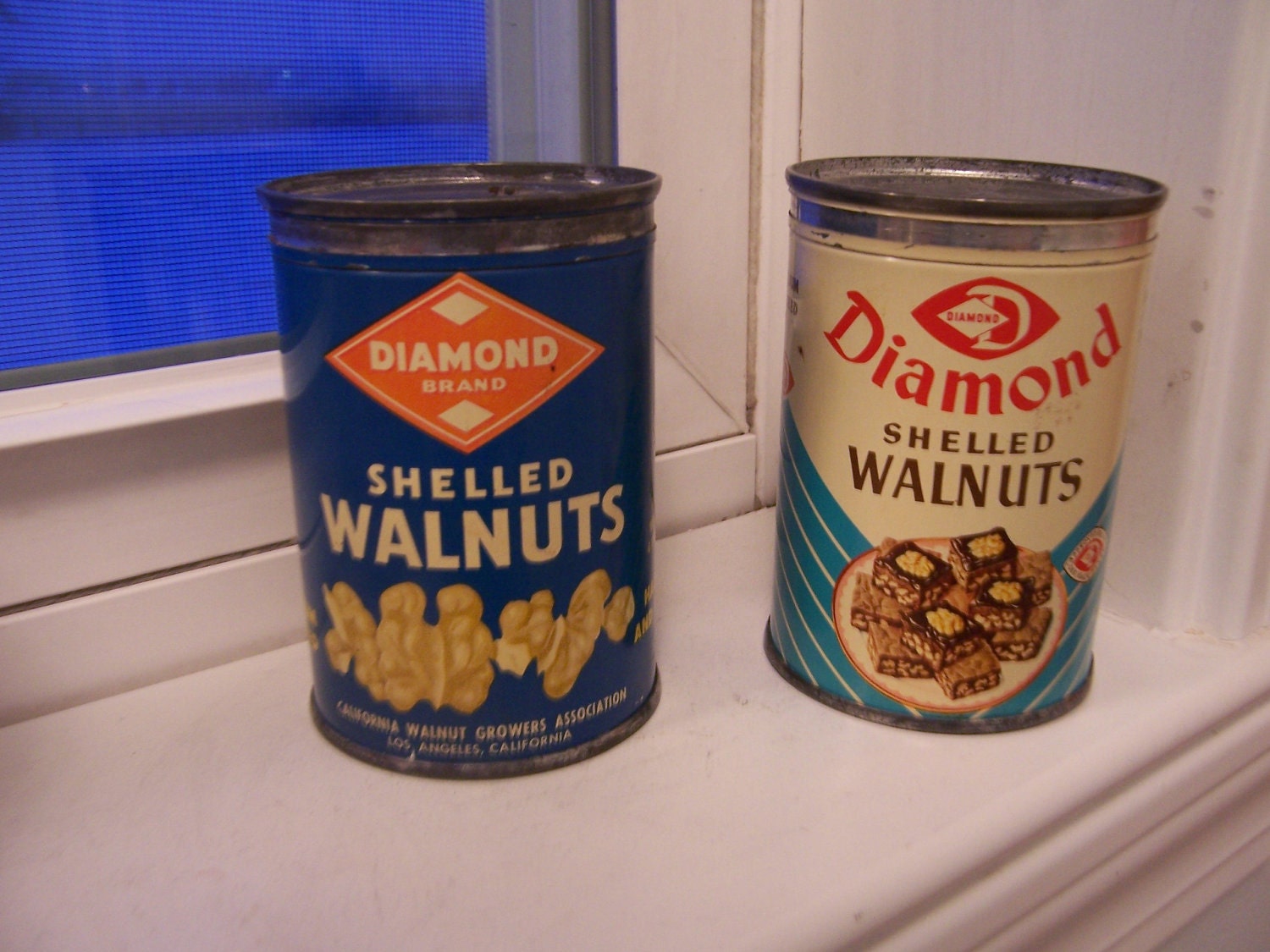 Vintage and primitive tin can collection-Mid-century retro "Diamond Shelled Walnuts" instant collection of two tin cans
