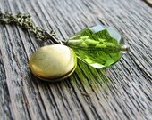 Bead Locket Necklace Faceted Green Czech Glass Teardrop Bead Round Vintage Locket Antique Brass Chain