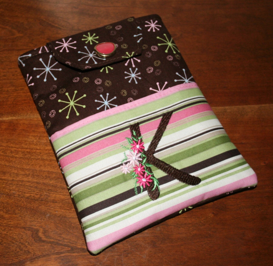 Kindle Fire case, Kindle2 case, Kindle 3 cases, Kindle Case, Nook Color , Nook Cover, E-reader Cover - Stripes w/ Brown- Embroidered Letter
