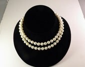 Crown Trifari Faux Pearl Double Strand Necklace with Rhinestone Clasp