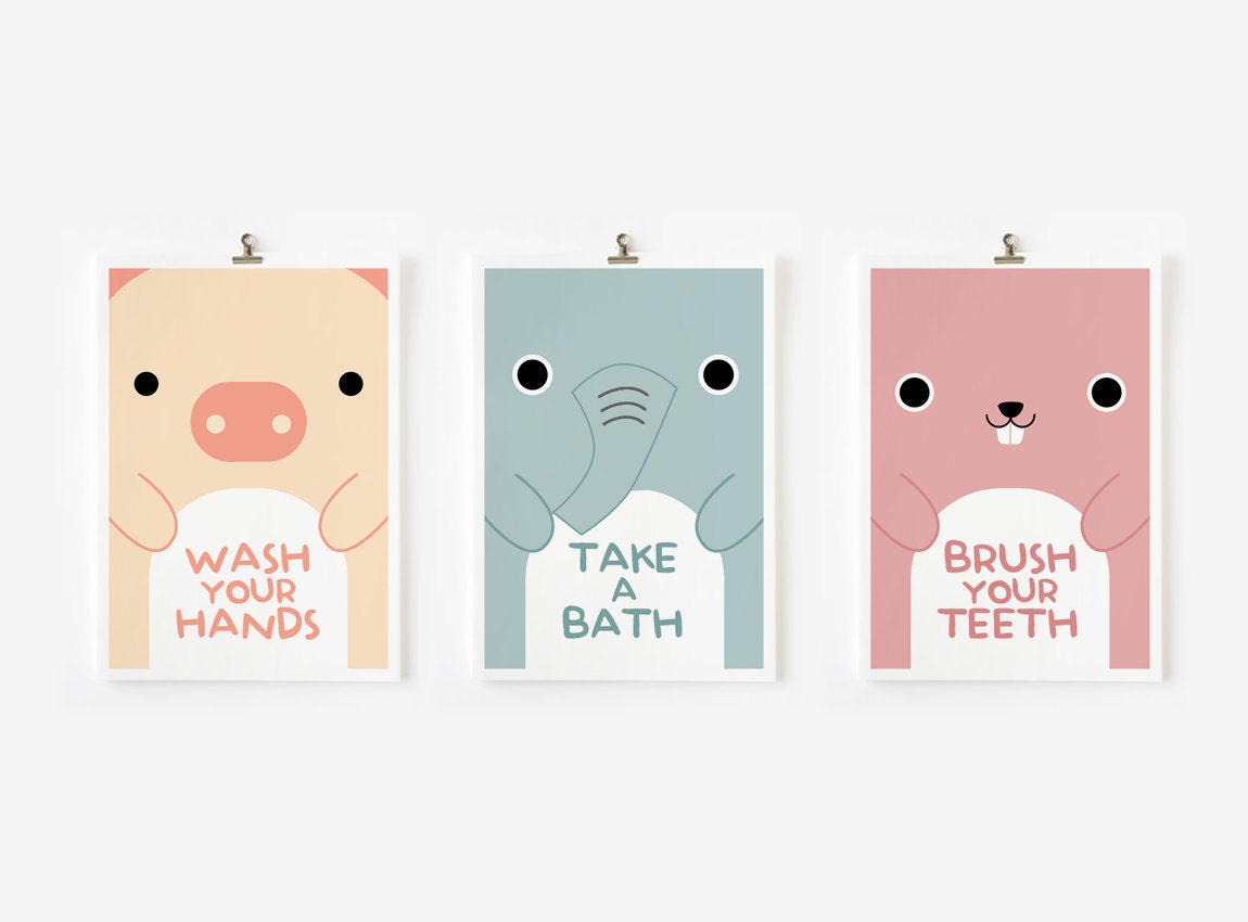 Children Decor Animal Bathroom Art Print, Wall Art 8.5 x 11 Set of 3