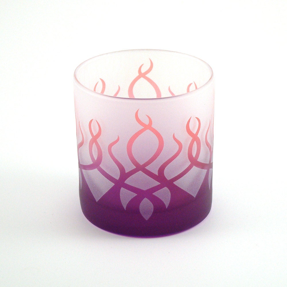 Glass Tumbler / Candle Holder - Strands - Pink and Purple Frost - Etched and Painted Glassware