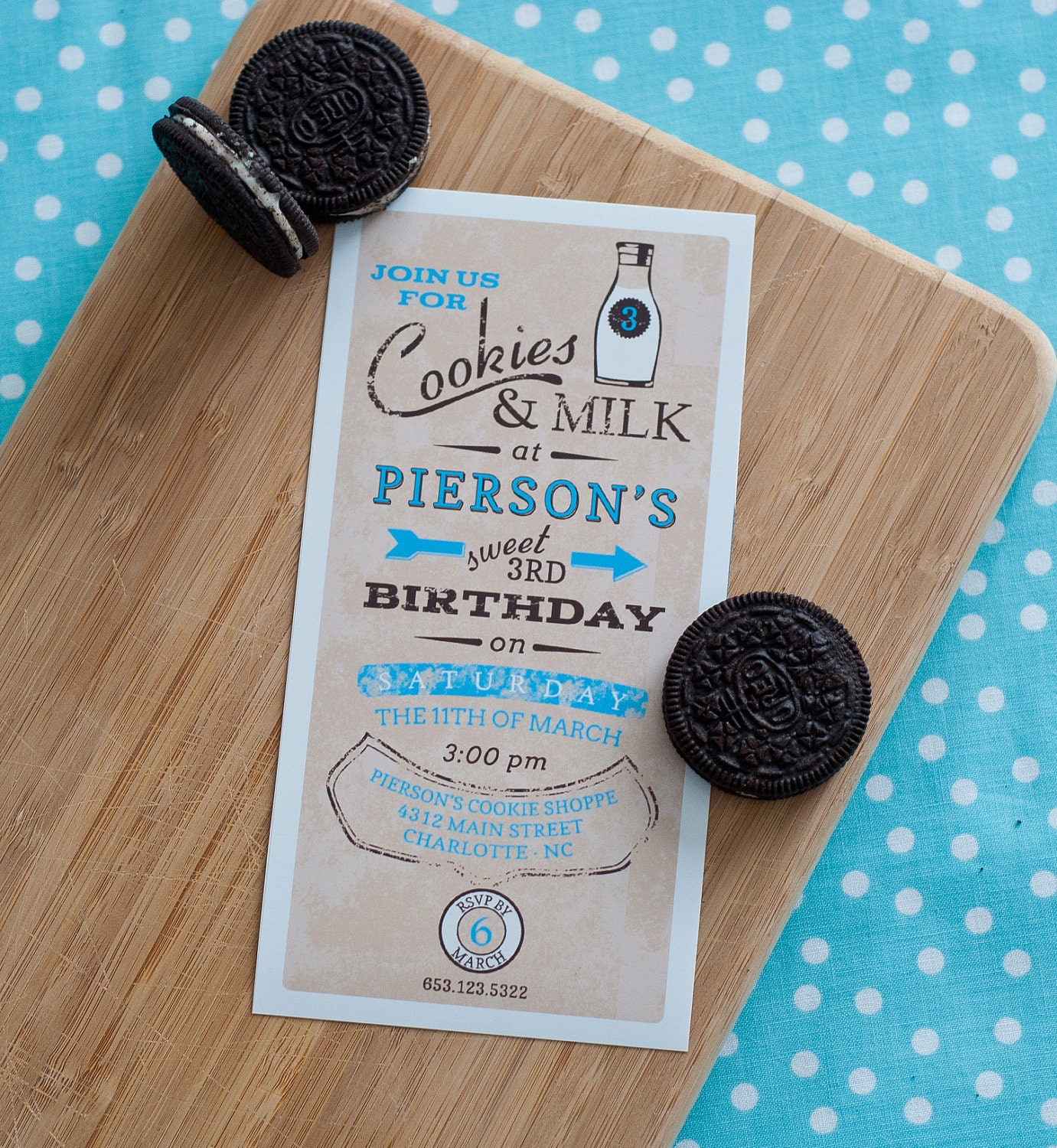 VINTAGE MILK and COOKIES Invitation - Cookies and Milk Birthday Party - Blue Printable Customized 4x8 Invitation - A Kiss Me Kate Exclusive