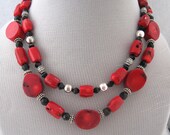 Red Coral Black Crystal Bead Necklace Double Strand