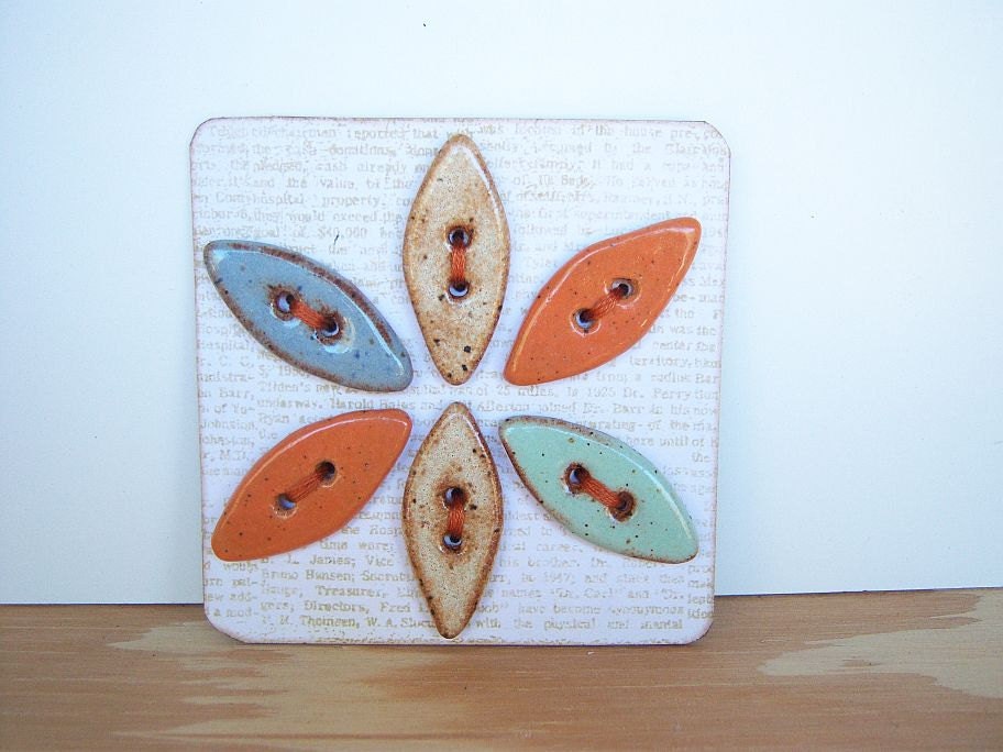 Rustic Stoneware Leaf Buttons in Pistachio, Tan, Orange, and Blue shino Glazes - Set of 6