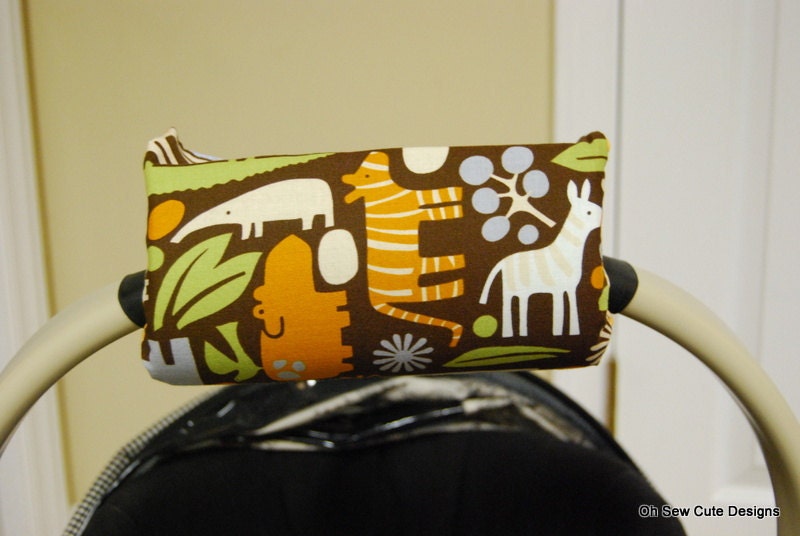 Cute Brown 2D Zoo and Orange Moon Dots REVERSIBLE Car Seat Handle Arm Pad