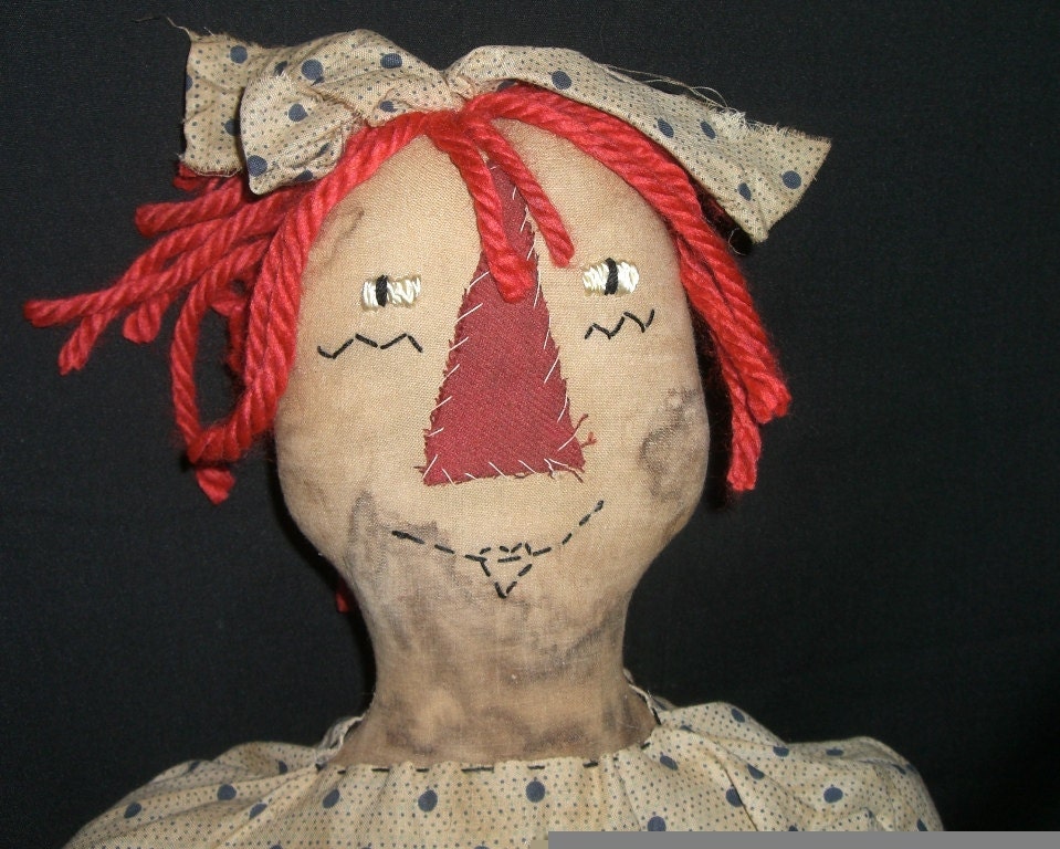 Primitive Handmade Raggedy Annie  In Blue with Rabbit