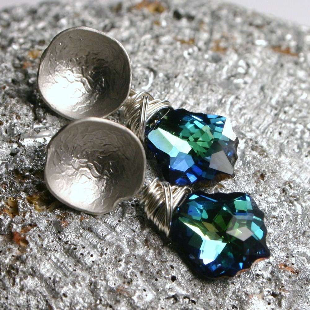 Swarovski Baroque Teal Green Blue Citrine Mushroom Cap ... Handmade Earrings ... Sterling Silver Posts