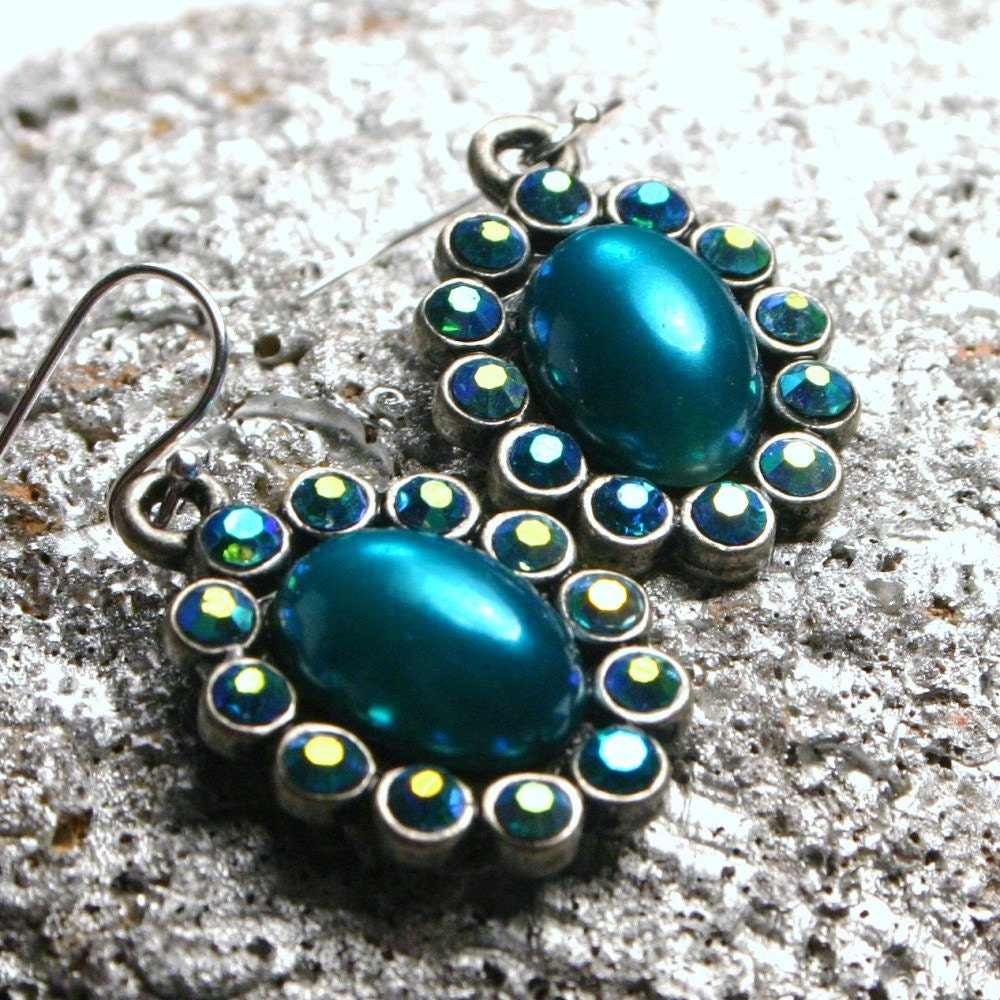 Soiled Dove ...  Teal Green Blue Faux Pearl and Crystal Scalloped Peacock ... Handmade Earrings ... Sterling Silver