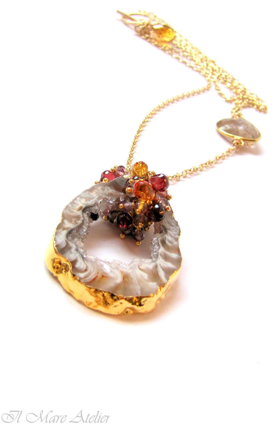 Druzy agate geode pendant, citrine, garnet, spinel necklace - Clementine