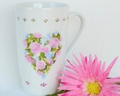 ARTIST MOVING SALE Hand Painted Coffee Tea Mug - Heart Floral Design, Roses Blue Daisies, Polka Dot Border Extra Lg 20 oz. Mothers Day
