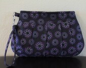 Pleated Wristlet Clutch Black with Purple Flowers