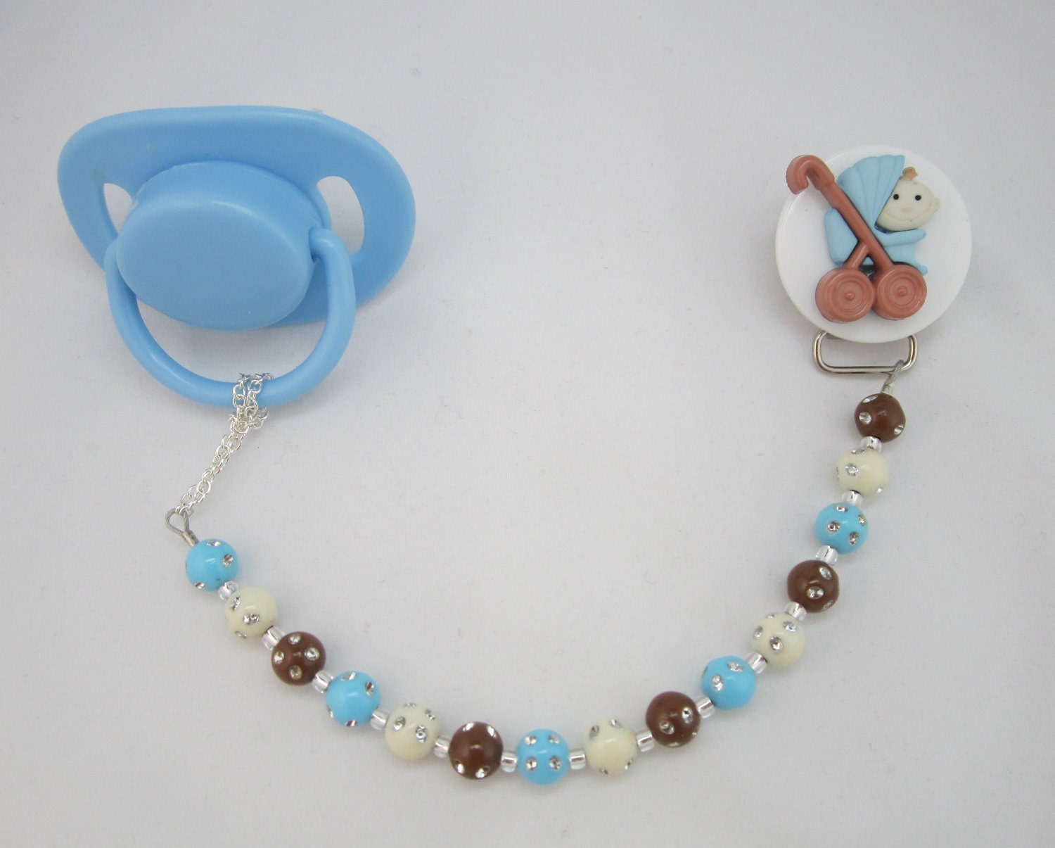 Blue Stroller Pacifier clip with Matching Mini Beads