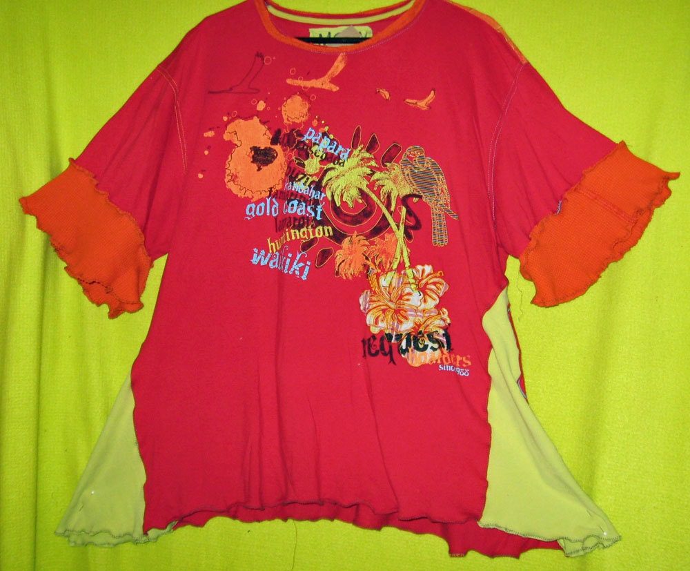 Red and Orange Short sleeve Funky tee upcycled recycled
