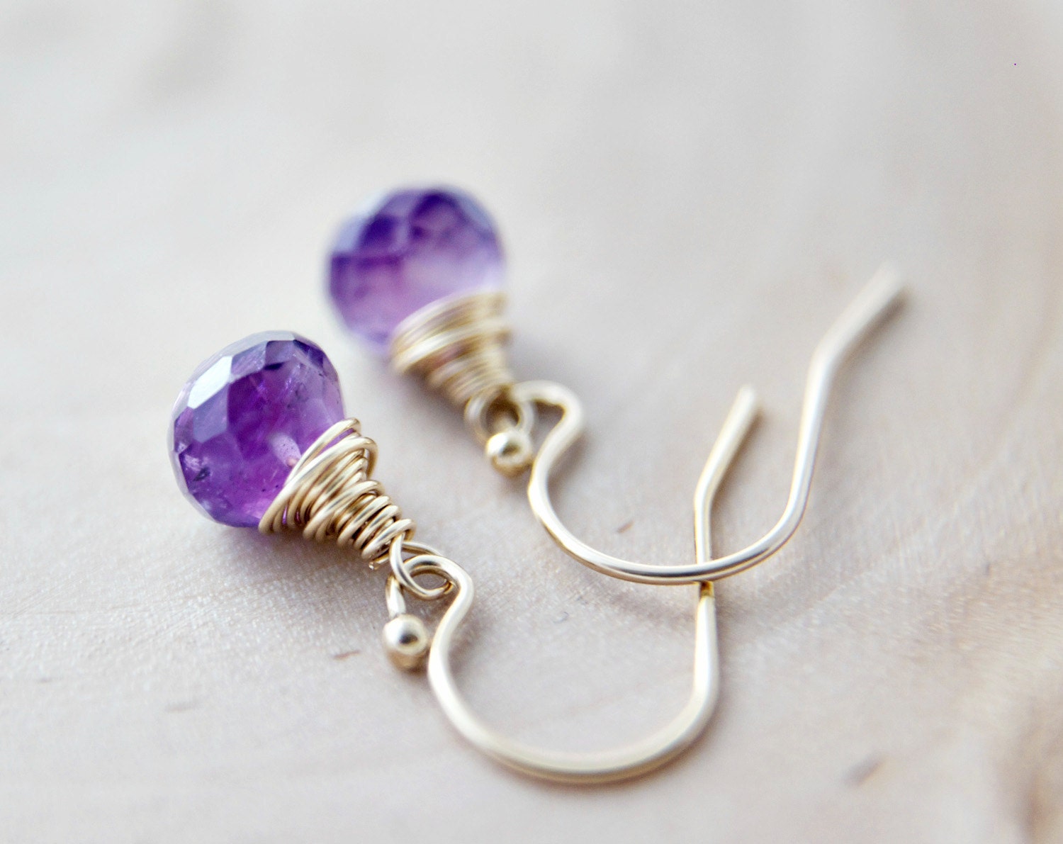 Amethyst Earrings Wire Wrapped 14K Gold Purple Plum February Birthstone Fashion Dainty Jewelry