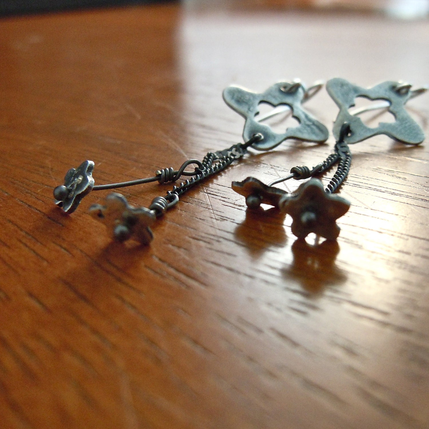 Positive Negative and Chains Fine Silver Flowers / Stars Artisan Earrings
