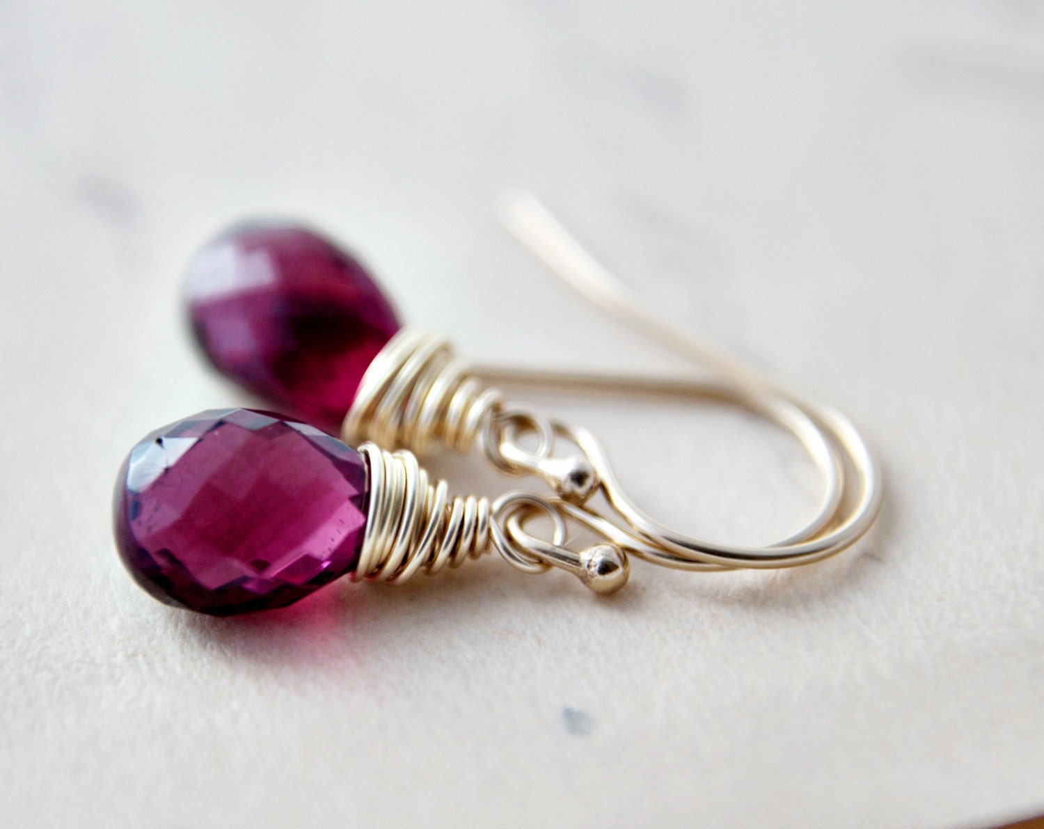 Gold Earrings Wire Wrapped 14K Garnet Crimson Red January Birthstone Fashion Dainty Jewelry