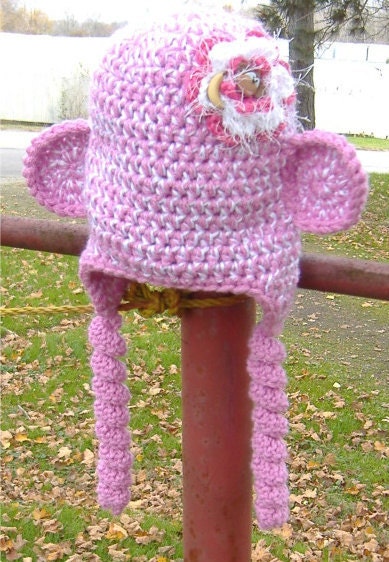 Hand Crocheted Pink Monkey Ear Flap Hat All Sizes FREE SHIPPING