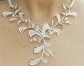 Wedding jewelry Silver Orchid and Swarovski Pearl Wedding Bridal Necklace Set "Julia"