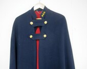 Cape Vintage Navy and Red Wool Military Issue Poncho Snowhite