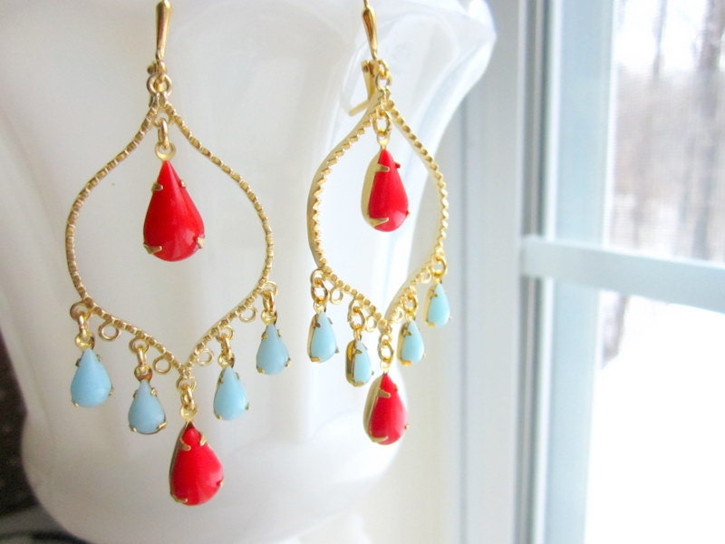 Bollywood Gold Earrings Red Turquoise by MinouBazaar