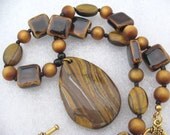 Tiger Eye Pendant Brown Bead Necklace
