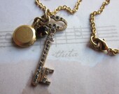 Golden Key & Locket Charm Necklace, Handmade