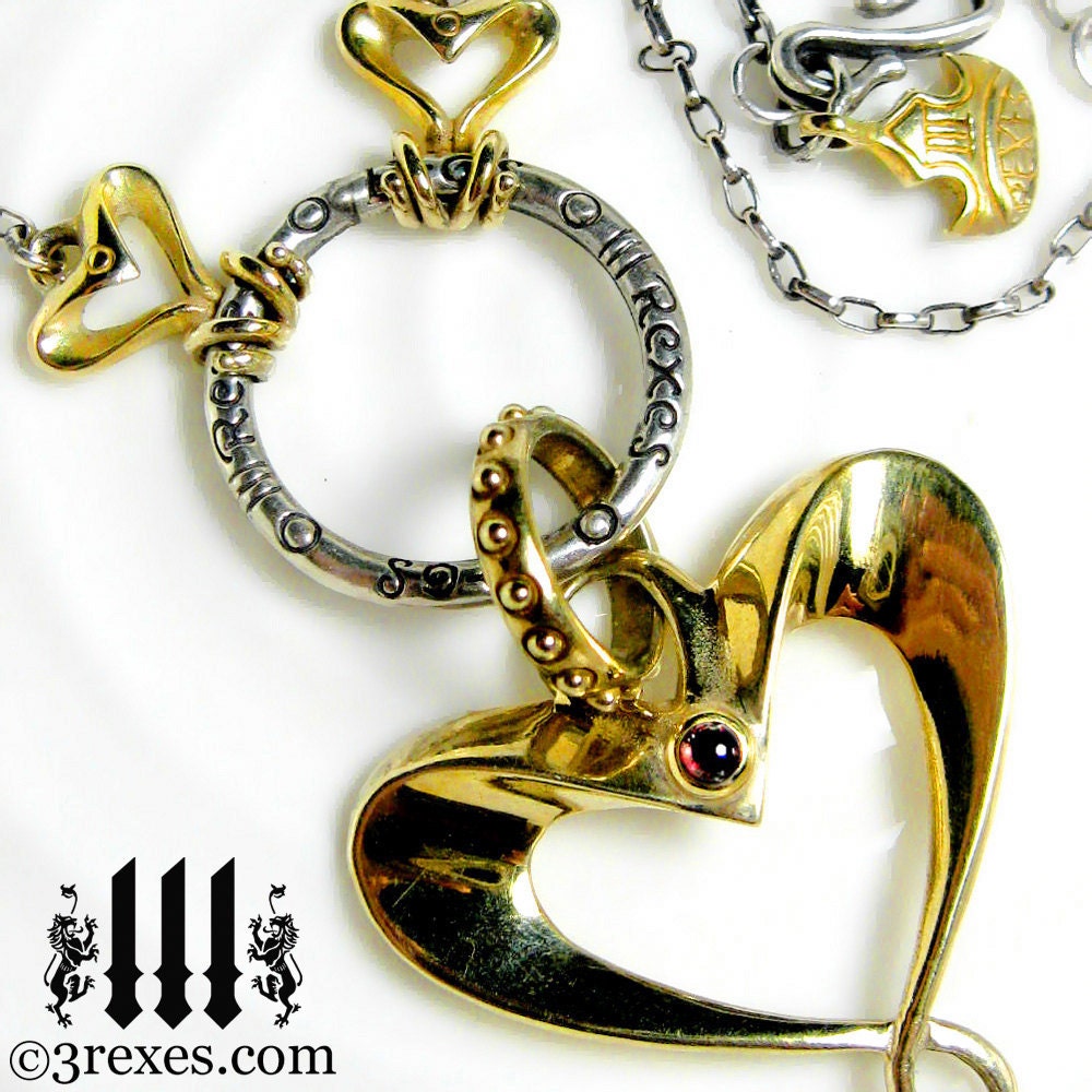 Silver Heart Necklace, Red Garnet, Gold, Fairy Tale Gothic Design