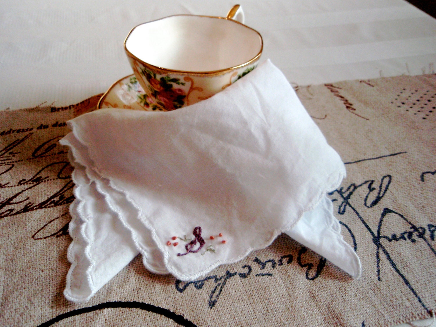 Rosebush - Hand-Embroidered Handkerchief - Custom Order