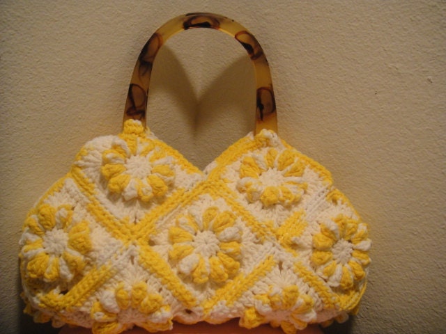 Crochet Handbag in Bright Yellow and White Flowers