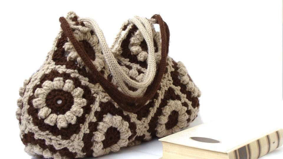 Crochet handbag in chocolate brown and beige flowers, crochet bag, shoulder bag, purse