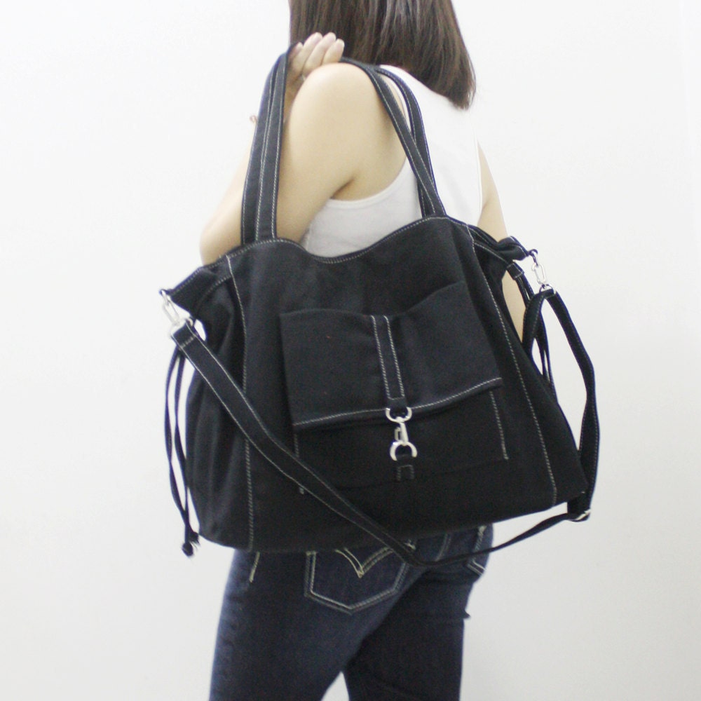 EZ Canvas Bag in BLACK - Double Strap Shoulder Bag / Tote / Cross Body Messenger