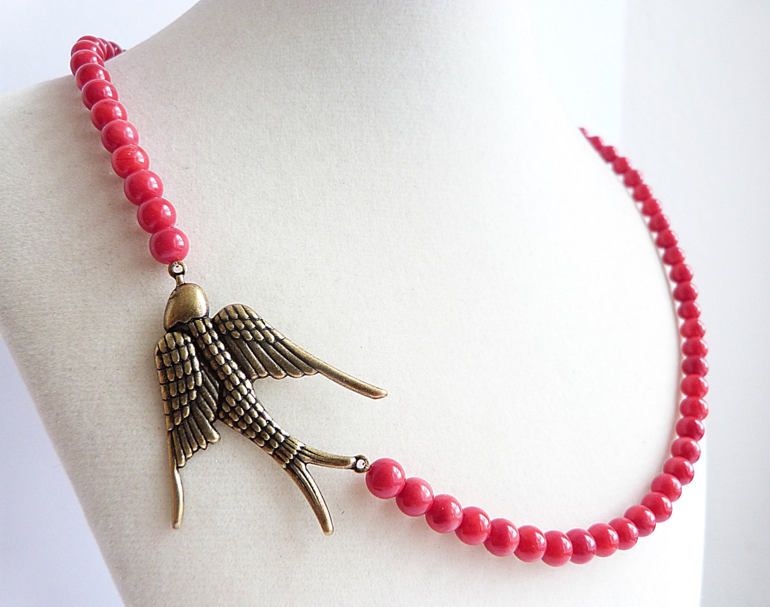 Red Coral (AAA) with Vintage Style Bronze Sparrow Bird Pendant Collar Necklace