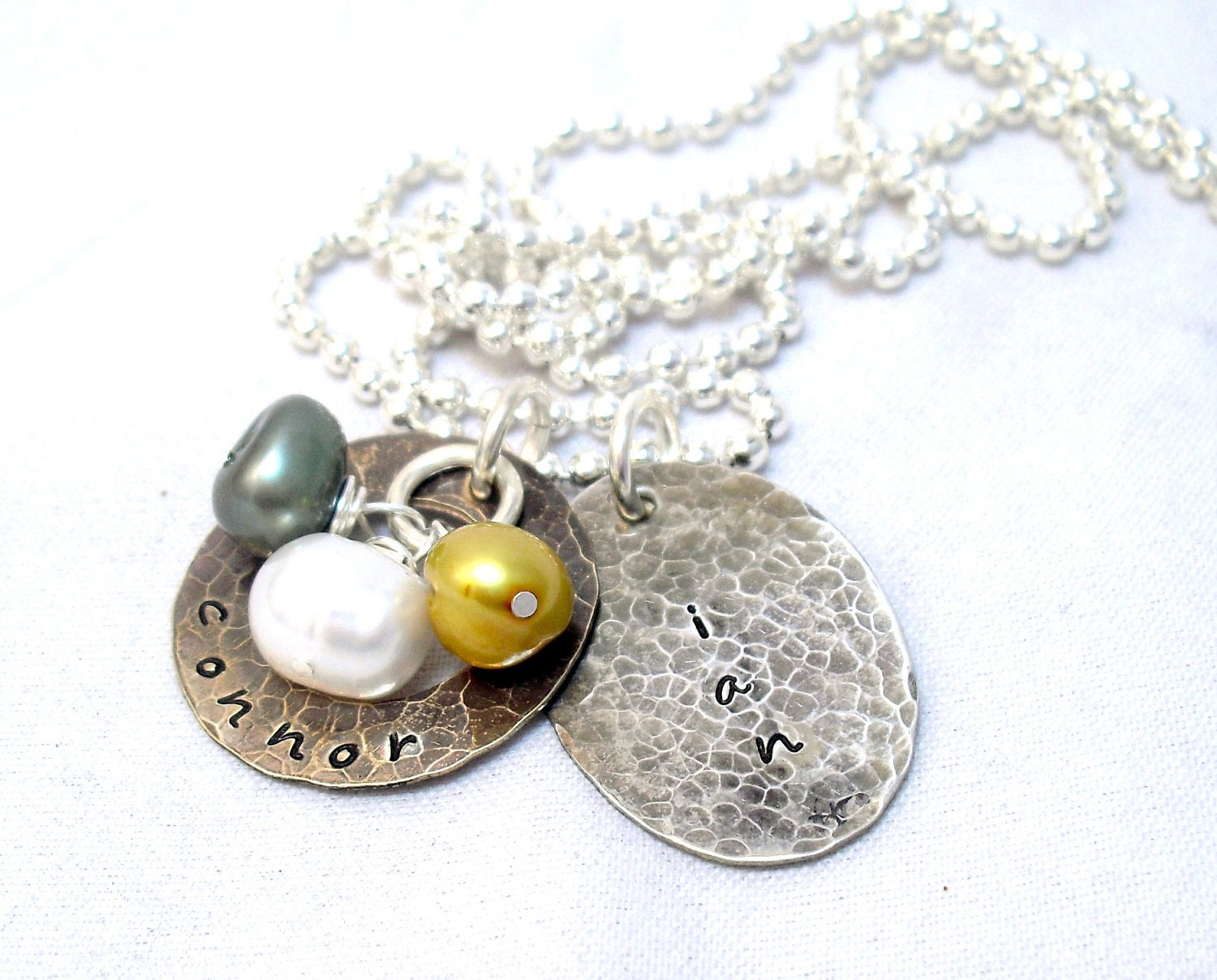 My Two Boys- Handstamped Sterling Silver Oval - Brass Washer - Monogram Necklace three mixed Pearls
