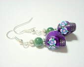 Purple and Green Flowers Day of the Dead Skull Earrings