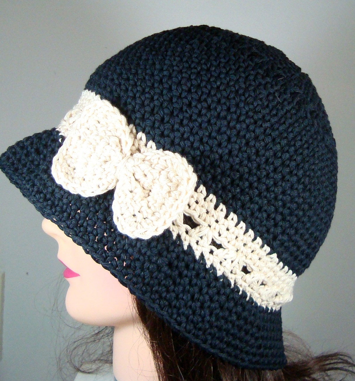 Cloche Hat with Bow in Black, Cream