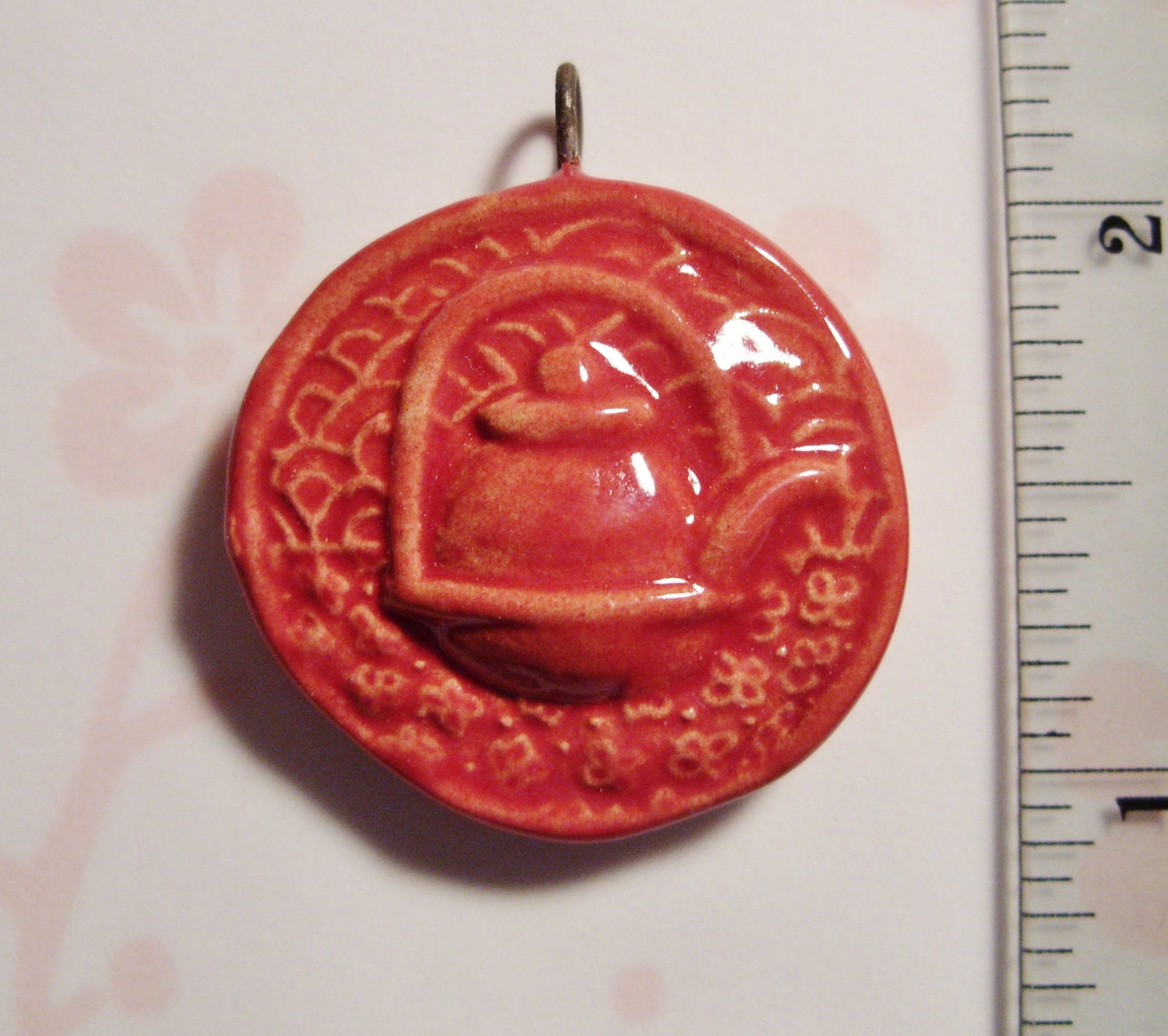 original ceramic teapot pendant in red glaze - stoneblossomstudio