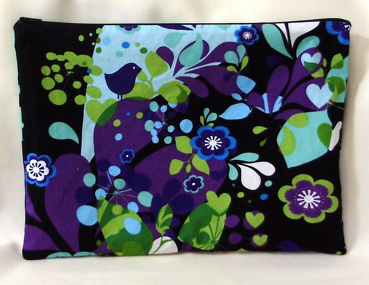Spring Fever Funky Floral Black Zippered Pouch, Cosmetic Bag, Makeup Bag, Black, Purple, Blue, Green