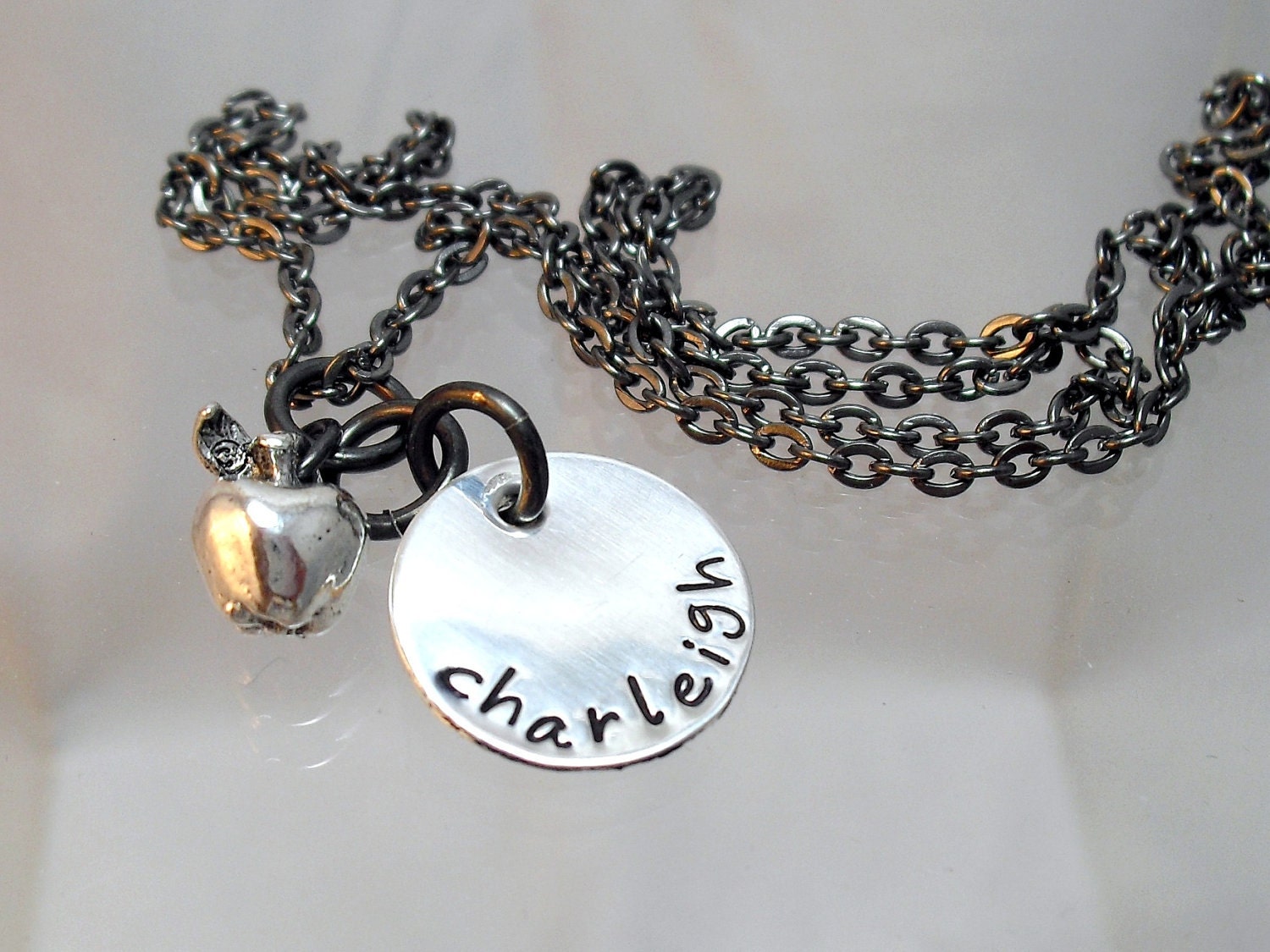 Apple of my Eye Handstamped Sterling Silver disc with 3d Apple Charm - Personalized Mommy Necklace - Apple Charm