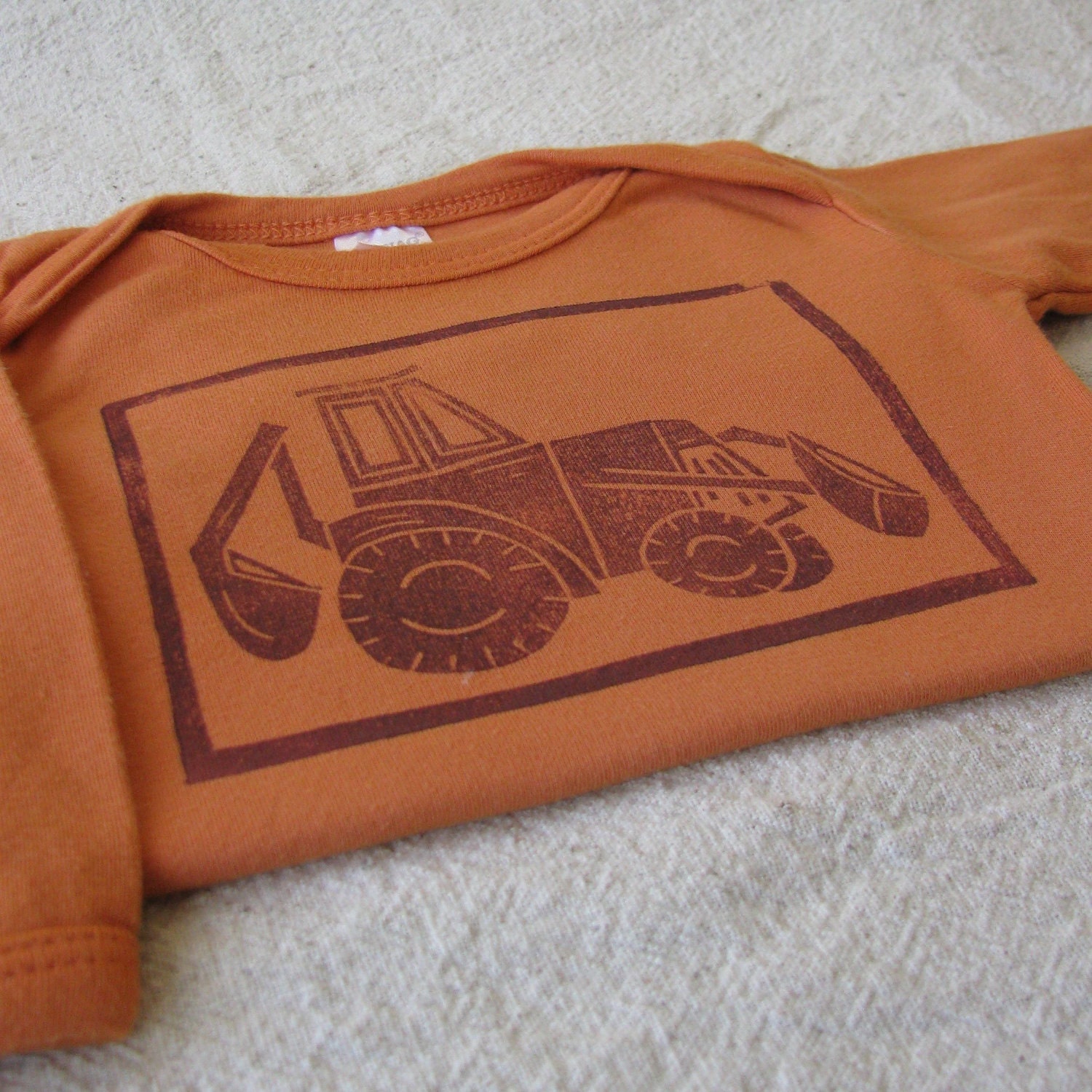 Long Sleeve Backhoe Loader Lino Cut Shirt, Hand-Dyed, Hand-Printed, 3 to 6 month Size