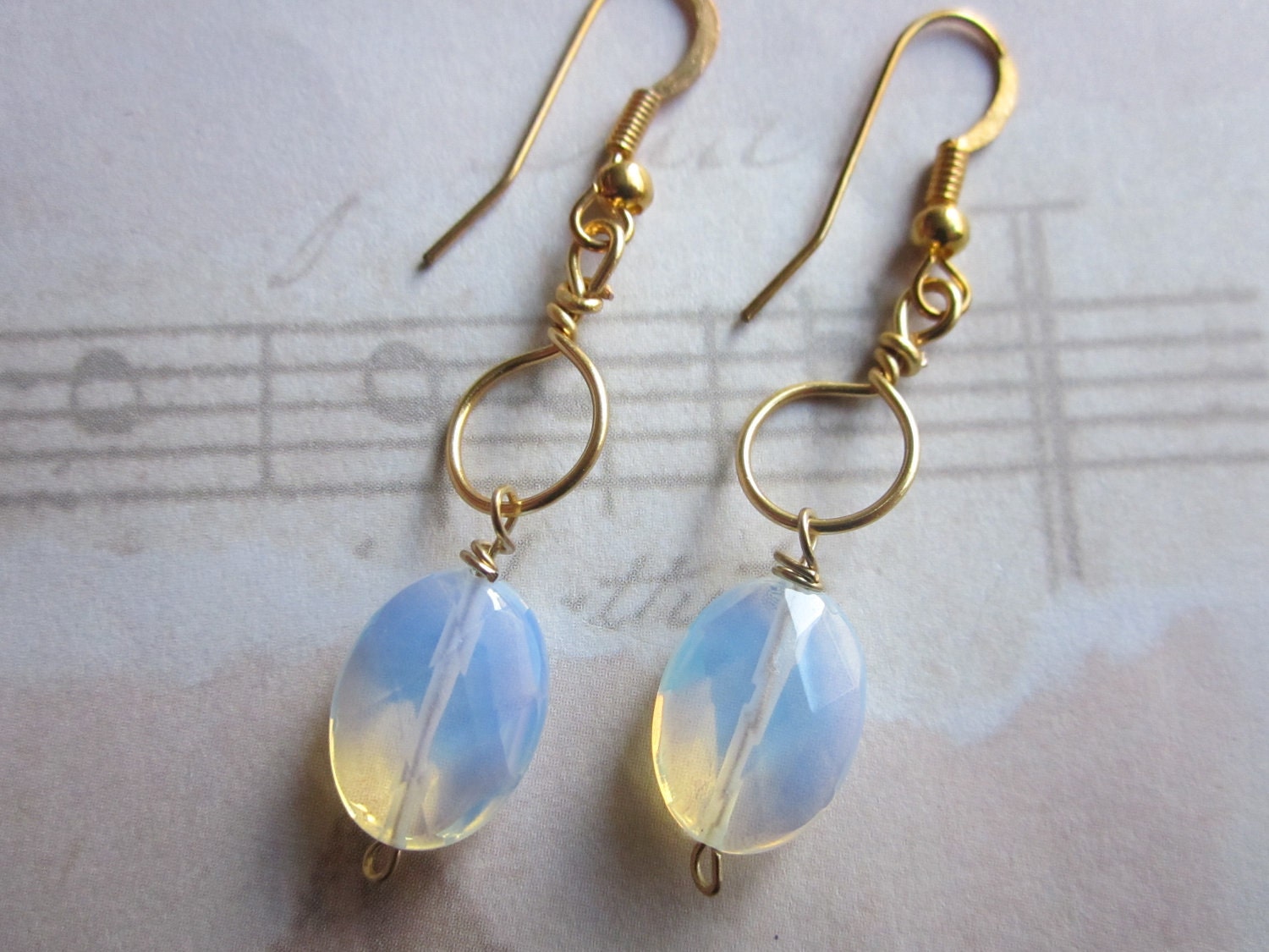 Opalite and Gold Dangle Earrings, Handmade