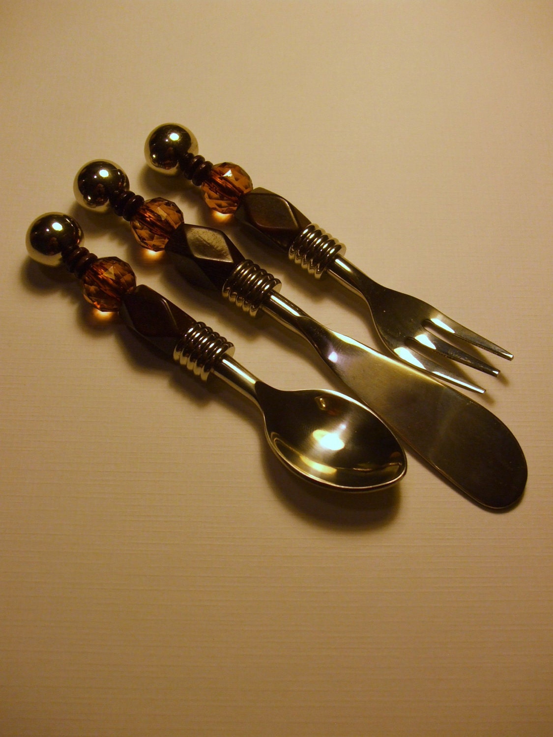 CHOCOLATE FUDGE basic brown wood beads -  Appetizer Set   - 1 fork  -1 spoon - 1 knife  -   handcrafted/handmade  -  free shipping