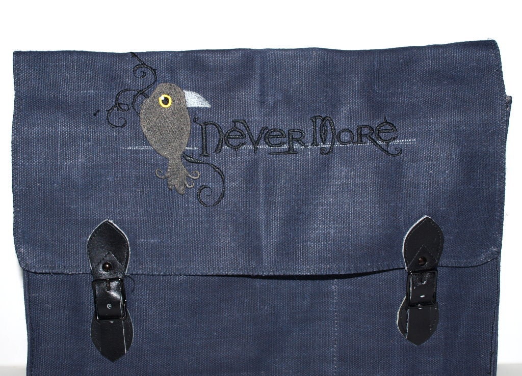 Charcoal Canvas Military Messenger Bag - Nevermore - Custom Embroidered Design