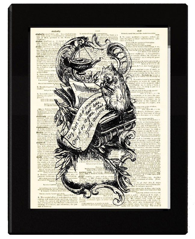 Whimsical Woodland Owl Dictionary Print Made From Antique Ex Libris and Antique Dictionary Page